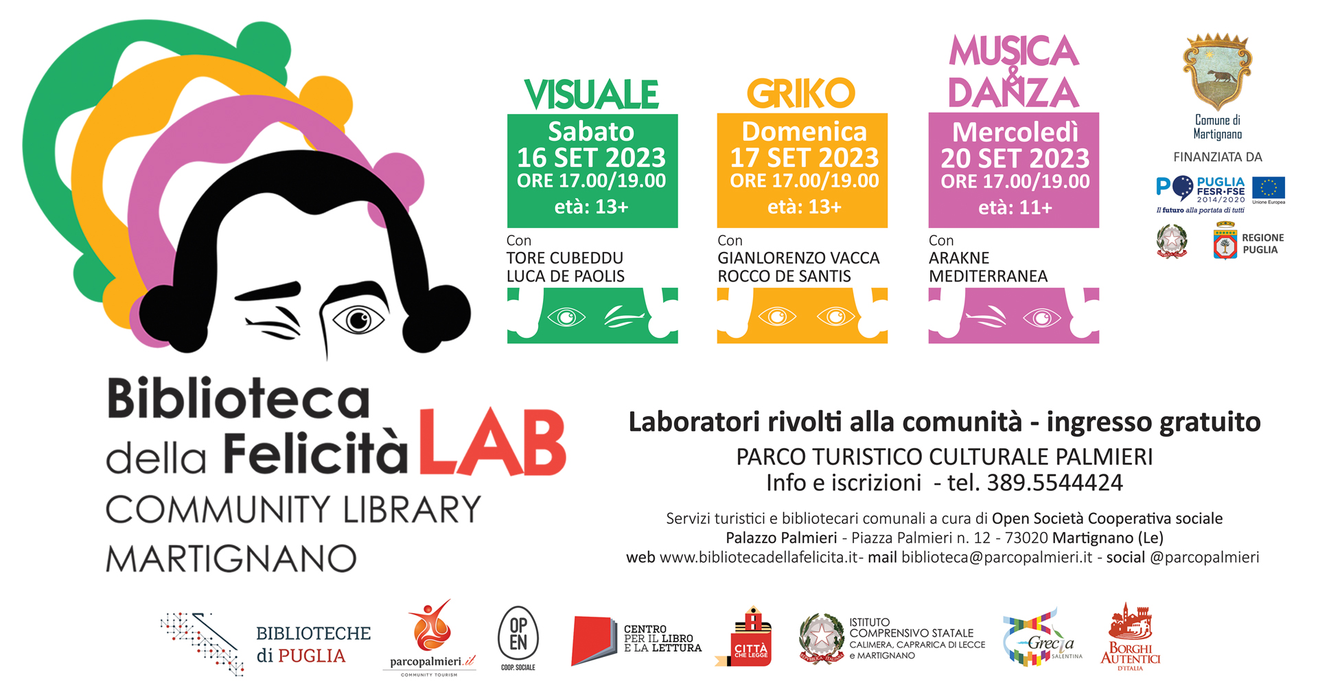 Parco Palmieri, Biblioteca della Felicità: i tre laboratori formativi